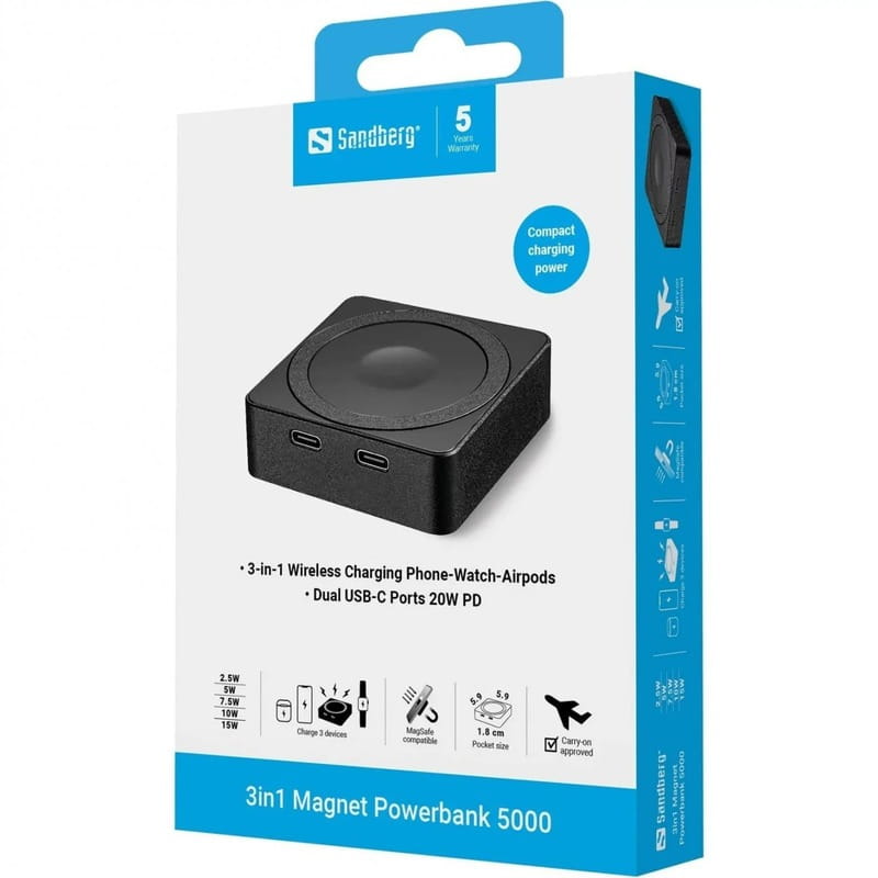 Універсальна мобільна батарея Sandberg Mag Wireless Powerbank 5000mAh 20W Black (421-28)