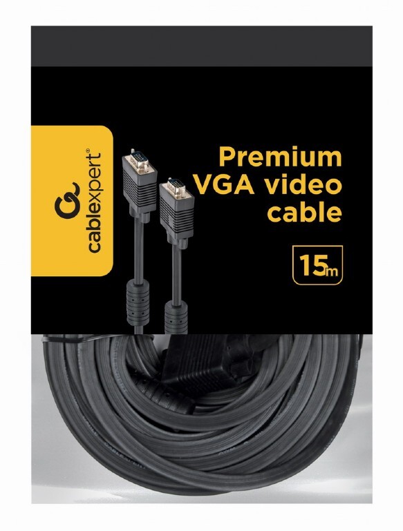 Кабель Cablexpert VGA - VGA (M/M), HD15, с 2-мя фер. кольцами, черный, 15 м (CC-PPVGA-15M-B) пакет