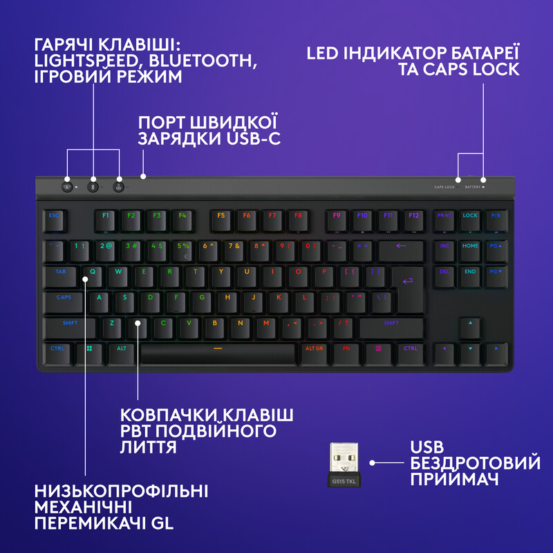Клавиатура беспроводная Logitech G515 Lightspeed TKL Wireless Black (920-014075)