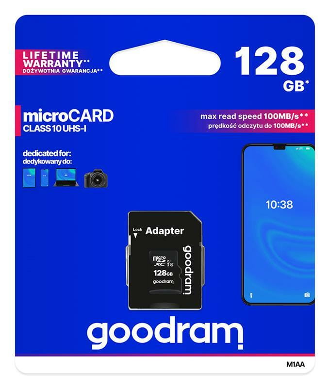 Карта памяти MicroSDXC 128GB UHS-I Class 10 Goodram + SD-adapter (M1AA-1280R12)