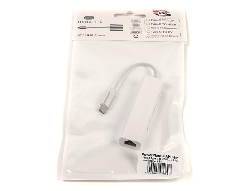 Концентратор USB3.1 PowerPlant CA910397 White 3хUSB2.0+Ethernet