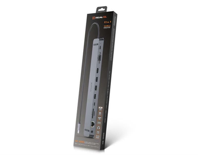 USB-хаб REAL-EL CQ-1000 USB3.0х3/USB-C/HDMI/VGA/RJ45/SD/TF/3.5 mm audio, 0.4m, Space Grey