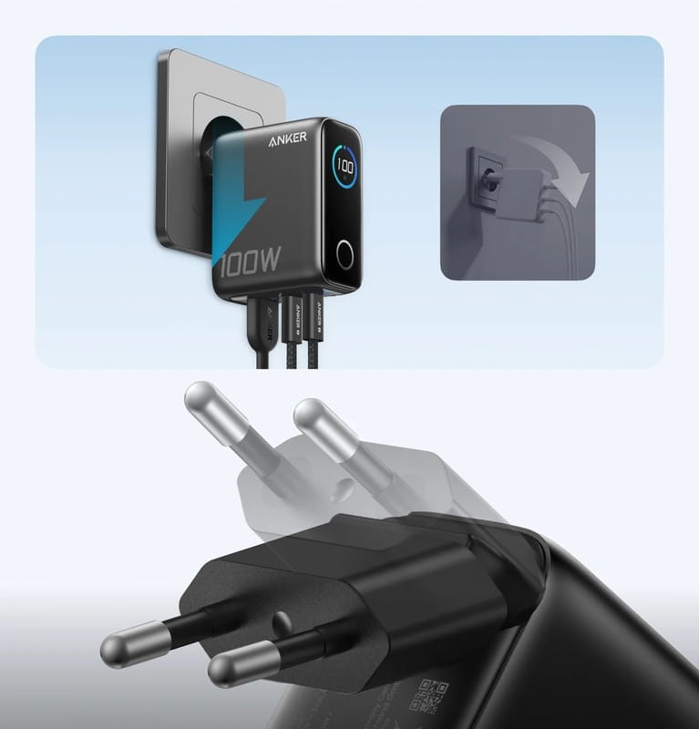 Сетевое зарядное устройство Anker GaN Charger 100W, 2xUSB-C, 1xUSB-A, Display Dark Gray (B121BGZ1) + кабель USB Type-C