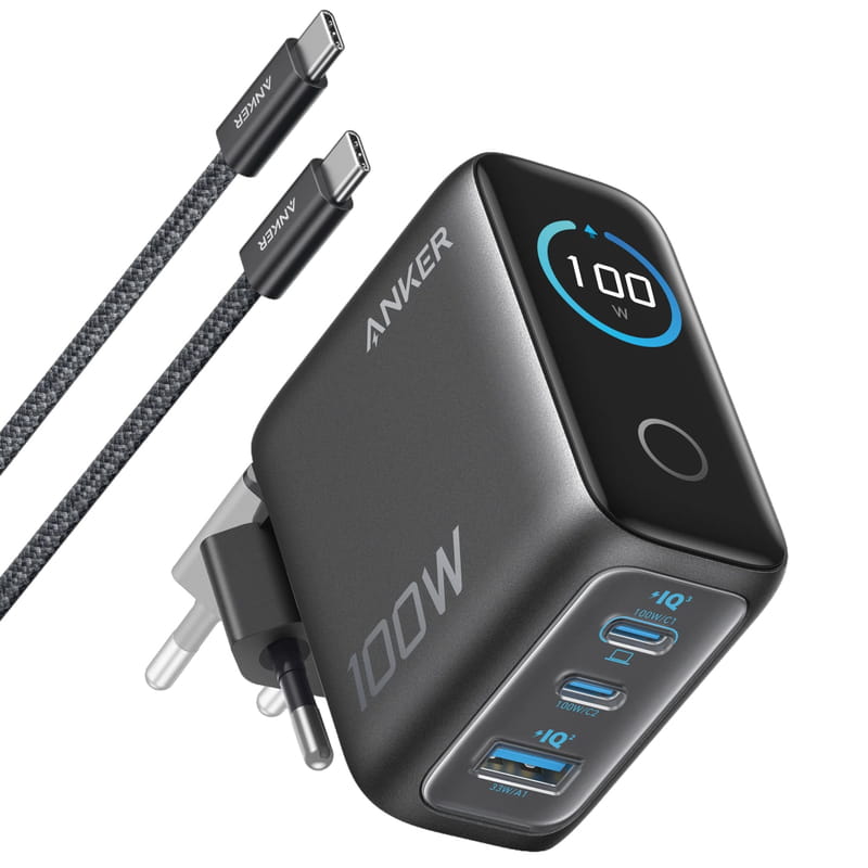 Сетевое зарядное устройство Anker GaN Charger 100W, 2xUSB-C, 1xUSB-A, Display Dark Gray (B121BGZ1) + кабель USB Type-C