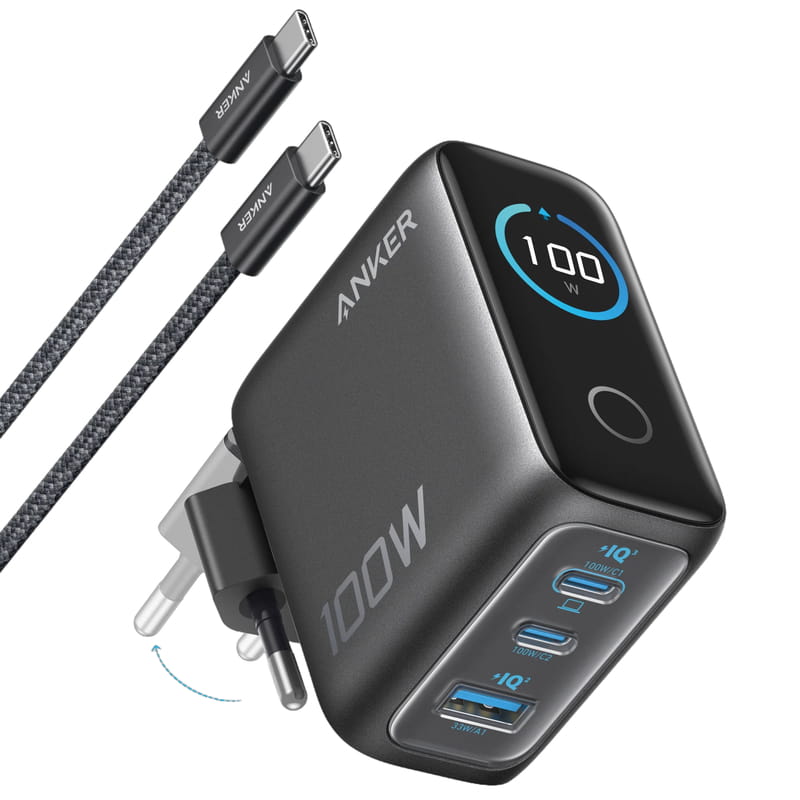 Сетевое зарядное устройство Anker GaN Charger 100W, 2xUSB-C, 1xUSB-A, Display Dark Gray (B121BGZ1) + кабель USB Type-C