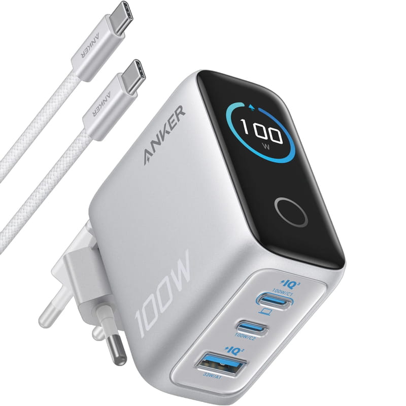 Сетевое зарядное устройство Anker GaN Charger 100W, 2xUSB-C, 1xUSB-A, Display Silver (B121BG41) + кабель USB Type-C
