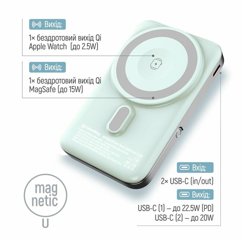 Універсальна мобільна батарея ColorWay 15W MagSafe & Watch Wireless 10000mAh Aquamarine (CW-PB100LPA2MT-WPDD)