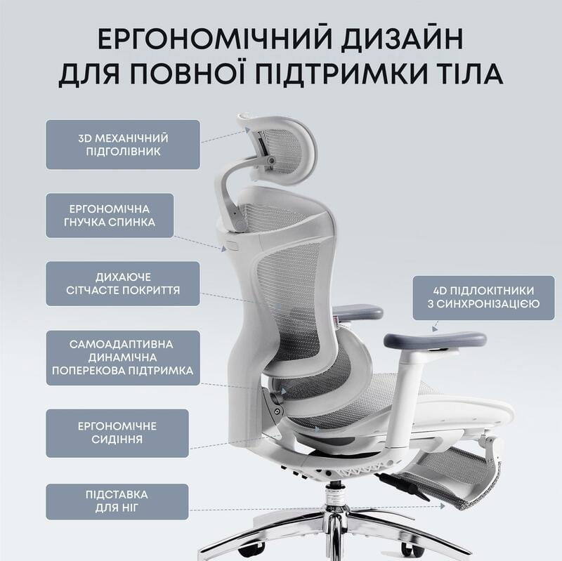 Крісло офісне Sihoo Doro C300L Mesh White with footrest (Doro-C300L-A3-102-JT)