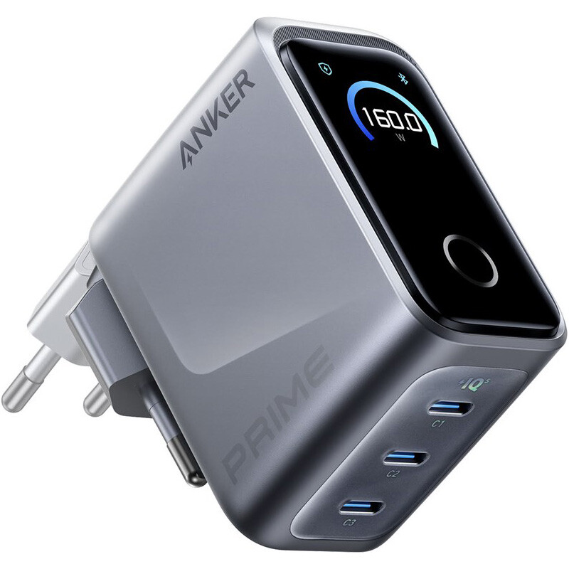 Мережевий зарядний пристрій Anker GaN Prime Charger 160W, 3xUSB-C, Display Silver (A2687341)