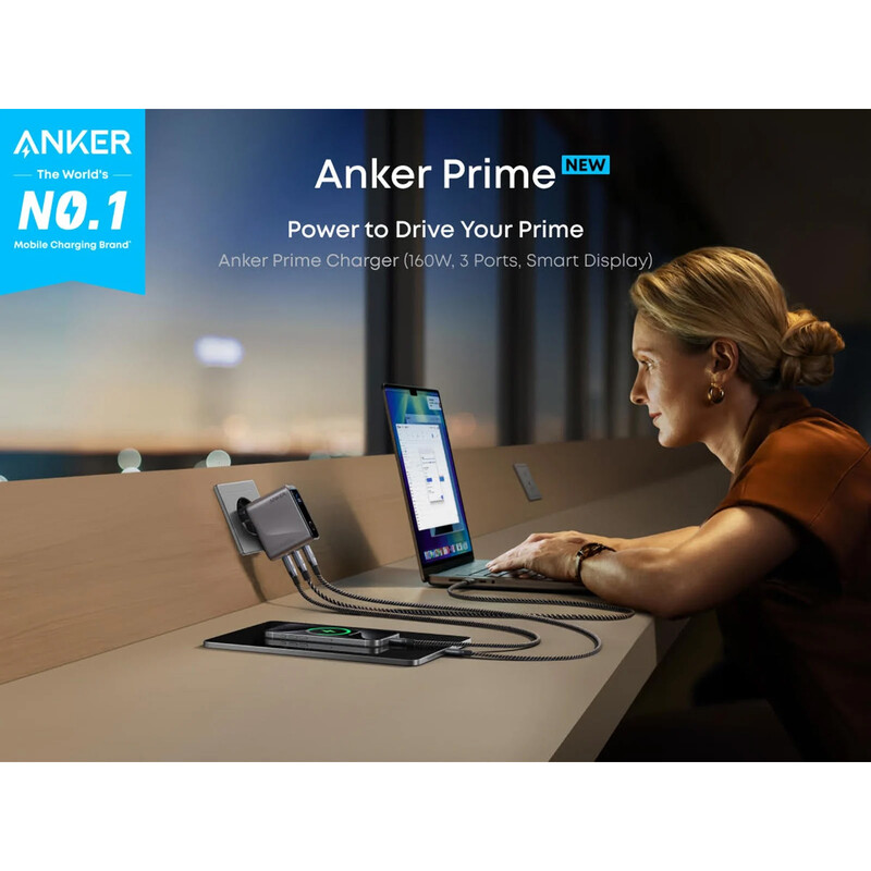 Мережевий зарядний пристрій Anker GaN Prime Charger 160W, 3xUSB-C, Display Silver (A2687341)