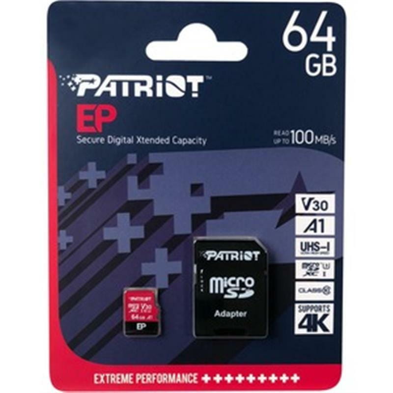 Карта памяти MicroSDXC 64GB UHS-I/U3 Class 10 Patriot EP A1 R90/W80MB/s + SD-adapter (PEF64GEP31MCX)
