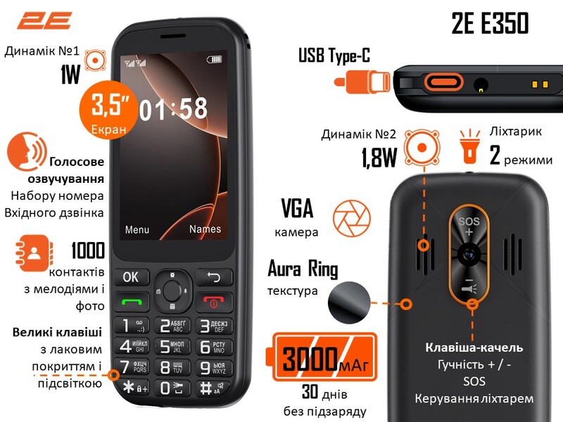 Мобильный телефон 2E E350 Black (694743656879)