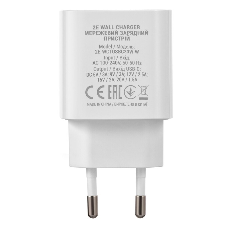 Мережевий зарядний пристрій 2E (1USB 3A) 30W White (2E-WC1USBC30W-W)