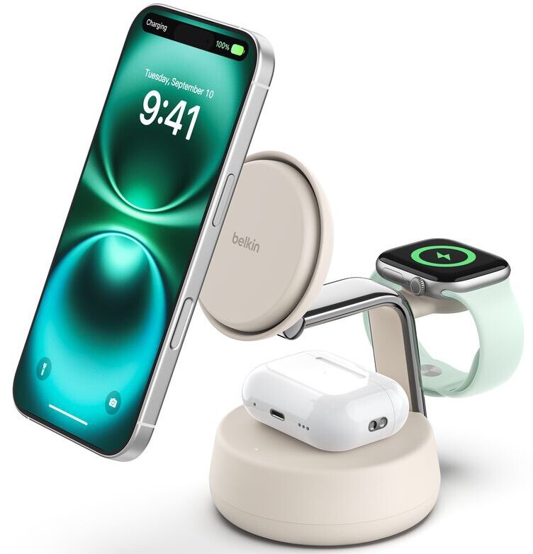 Бездротовий зарядний пристрій Belkin UltraCharge Pro 3-in-1 Magnetic Charging Dock with Qi2 25W Sand (WIZ040KQSD)