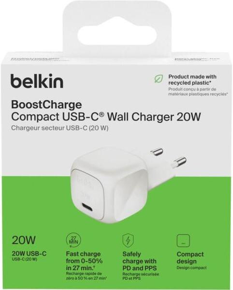 Мережевий зарядний пристрій Belkin BoostCharge Compact USB-C Wall Charger 20W White (WCA009KQWH)
