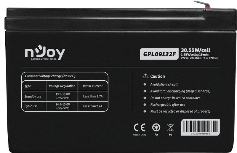 Аккумуляторная батарея Njoy GPL09122F 12V 9AH (BTVACIUOCTA2FCN02B) AGM
