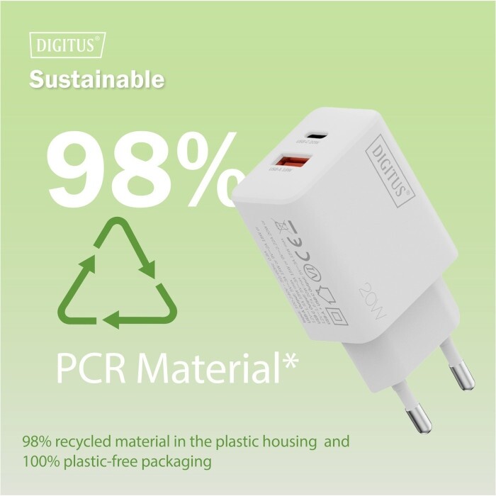 Мережевий зарядний пристрій Digitus (1USB-C, 3A, 1USB-A, 3A) 20W White (DA-10300)