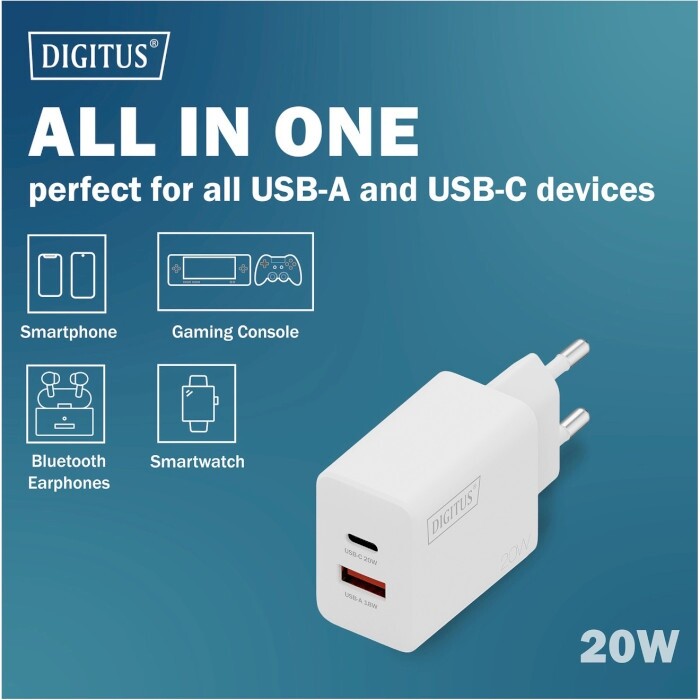 Мережевий зарядний пристрій Digitus (1USB-C, 3A, 1USB-A, 3A) 20W White (DA-10300)