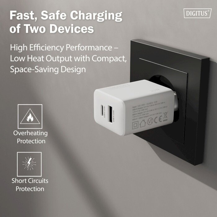 Мережевий зарядний пристрій Digitus (1USB-C, 3A, 1USB-A, 3A) 20W White (DA-10300)