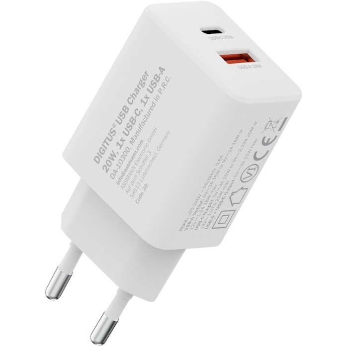 Мережевий зарядний пристрій Digitus (1USB-C, 3A, 1USB-A, 3A) 20W White (DA-10300)