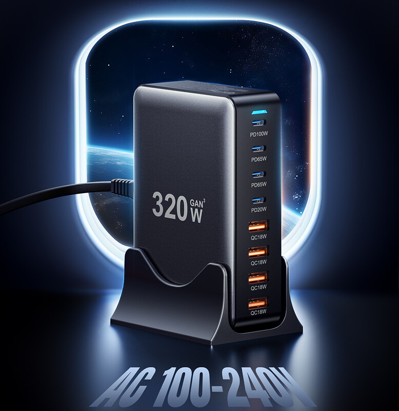 Мережевий зарядний пристрій Essager Engine 320W 4xUSB-C+4xUSB-A Black (EZC320W-QJB0G-Z)