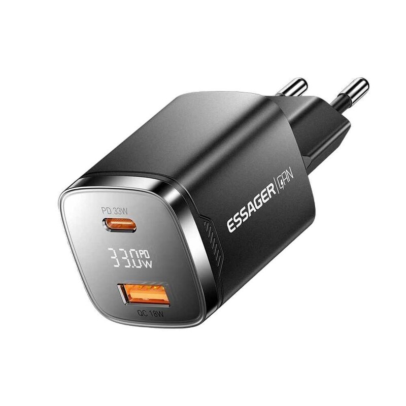 Сетевое зарядное устройство Essager Gamet 33W GaN Digital Display A+C Black (ECT33W-GMB01-Z)