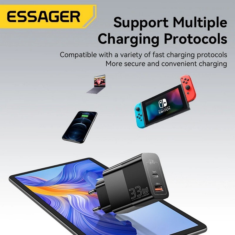 Сетевое зарядное устройство Essager Pinchen 33W USB A + TYPE C Black (ECTAC-PCB01-P)