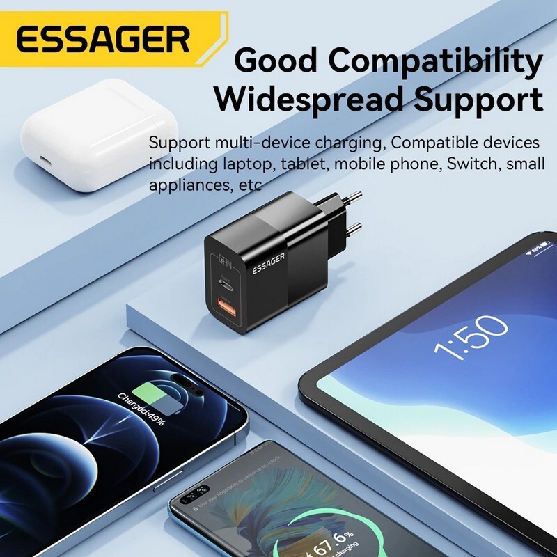Сетевое зарядное устройство Essager Pinchen 33W USB A + TYPE C Black (ECTAC-PCB01-P)