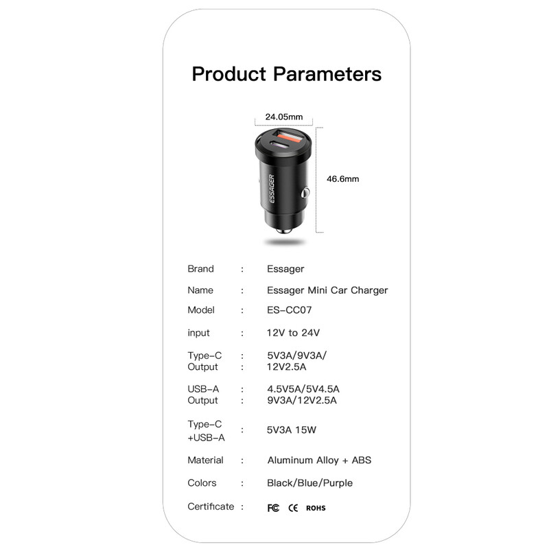 Автомобильное зарядное устройство Essager Gyroscope Mini Charger USB-A + Type-C 30W Black (ECCAC-TL01)
