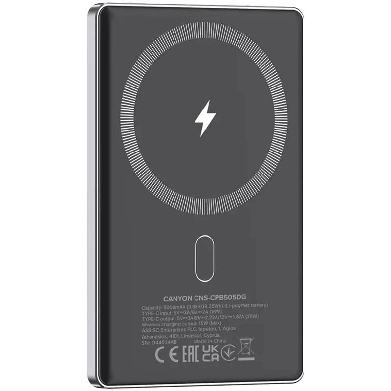 Універсальна мобільна батарея Canyon OnPower 505 Slim Magsafe 5000mAh Dark Grey (CNS-CPB505DG)