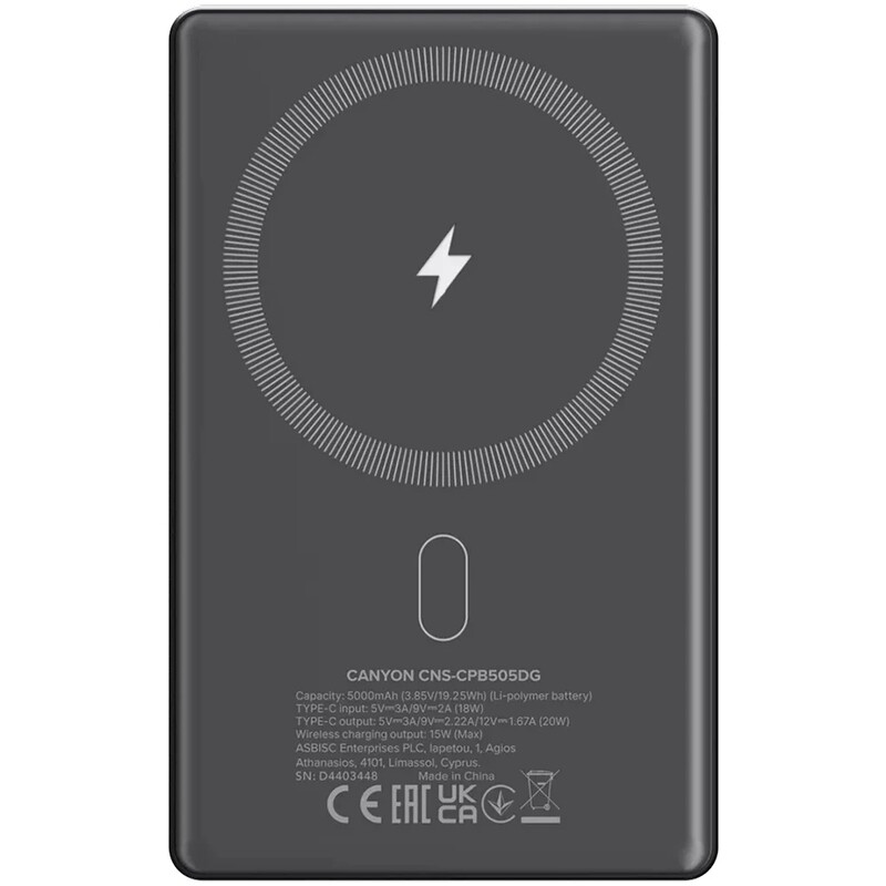 Універсальна мобільна батарея Canyon OnPower 505 Slim Magsafe 5000mAh Dark Grey (CNS-CPB505DG)