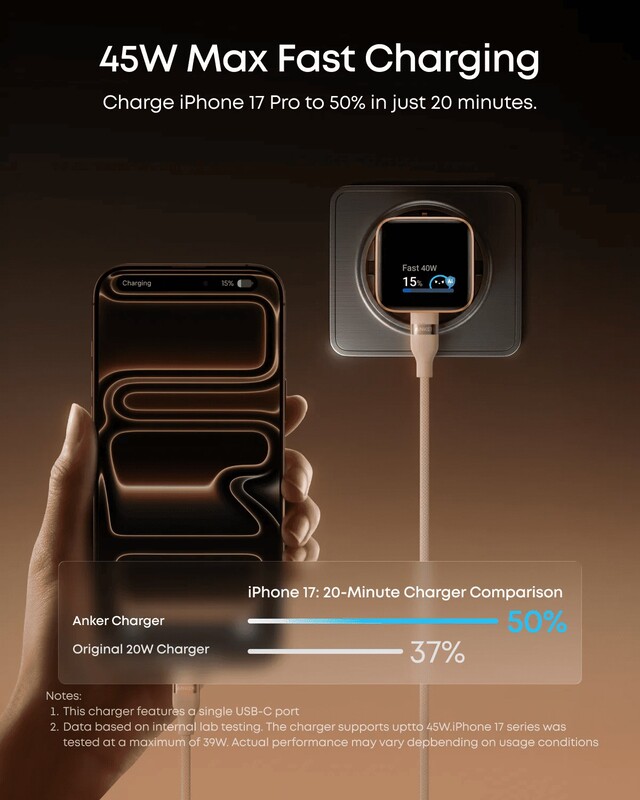 Мережевий зарядний пристрій Anker Nano Charger 45W USB-C Smart Display Black (A121DG11)