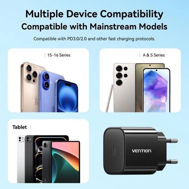 Мережевий зарядний пристрій Vention G16W0 20W USB-C White + кабель USB Type-C (G16W0-EU)