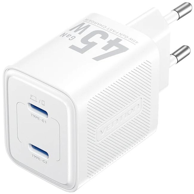 Сетевое зарядное устройство Vention FEFW0 45W 2xUSB-C White (FEFW0-EU)