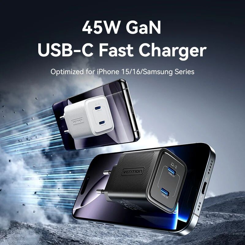 Сетевое зарядное устройство Vention FEFW0 45W 2xUSB-C White (FEFW0-EU)