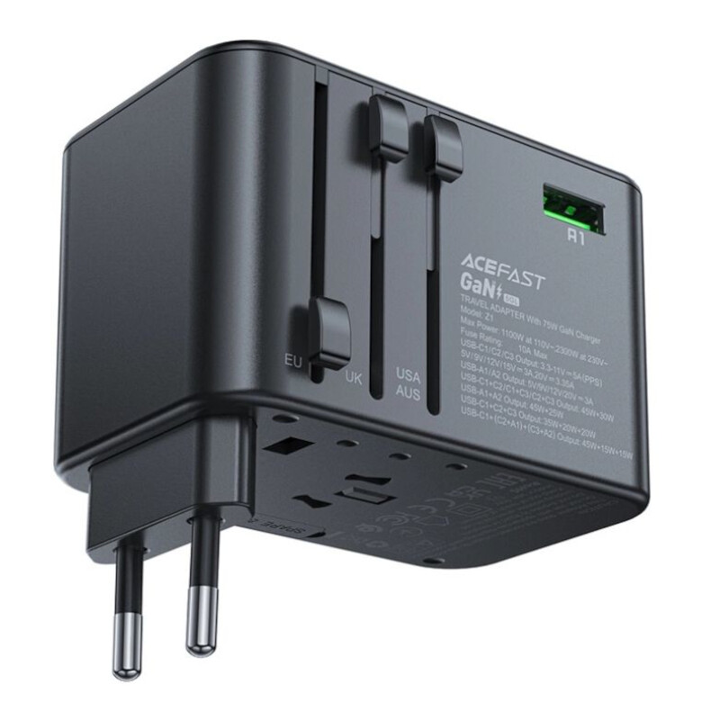 Сетевое зарядное устройство Acefast GaN Z1 Travel 72W 2xUSB-A+3xUSB-C Black (6974316282495)