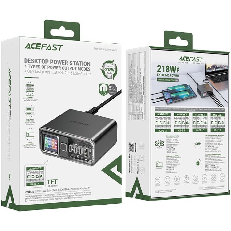 Мережевий зарядний пристрій Acefast GaN Z4 Travel 218W USB-A+3xUSB-C Black (6974316282587)