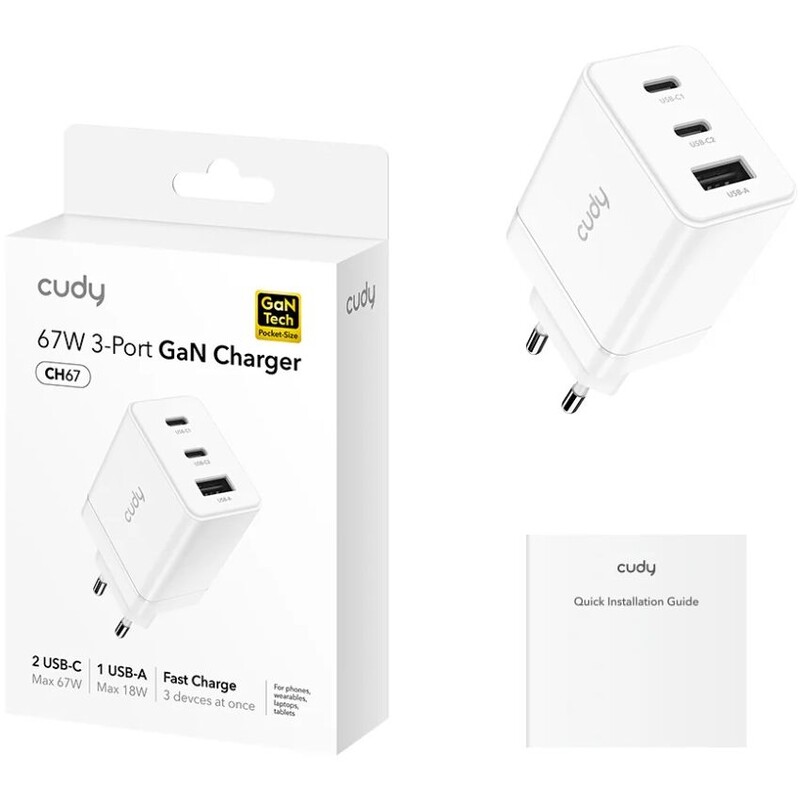 Сетевое зарядное устройство Cudy 67W GaN USB-A+2xUSB-C White (CH67_EU)