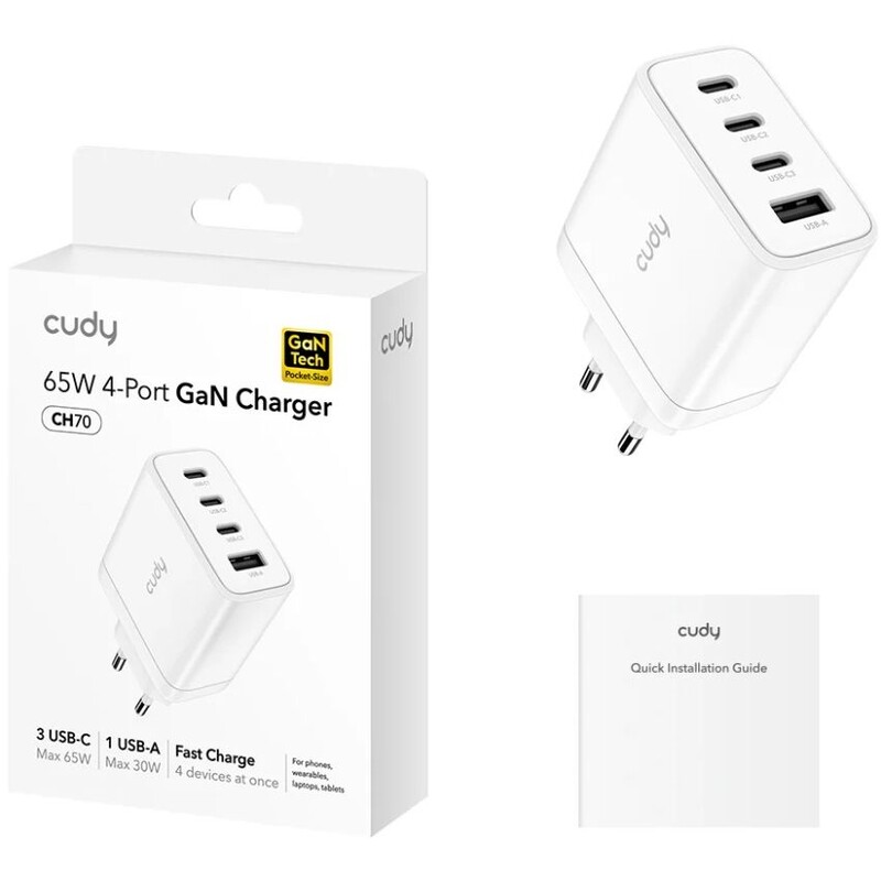 Сетевое зарядное устройство Cudy 70W GaN USB-A+3xUSB-C White (CH70_EU)