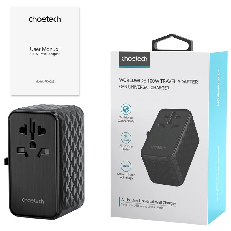 Сетевое зарядное устройство Choetech сharger diamond 100W 2xUSB-A+2xUSB-C Black (PD6028-BK)