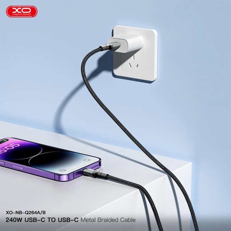Кабель XO NBQ264A High Power Braided, USB-C - USB-C, (M/M), 240W, 2 м, Black (NBQ264B_С_Black)