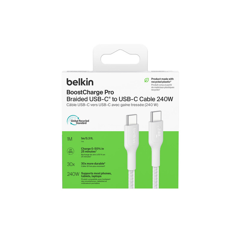 Кабель Belkin USB-C - USB-C (M/M), 1 м, 240Вт, White (CAB025HQ1MWH)