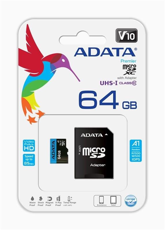 Карта пам`ятi MicroSDXC 64GB UHS-I Class 10 A-Data Premier + SD adapter (AUSDX64GUICL10A1-RA1)