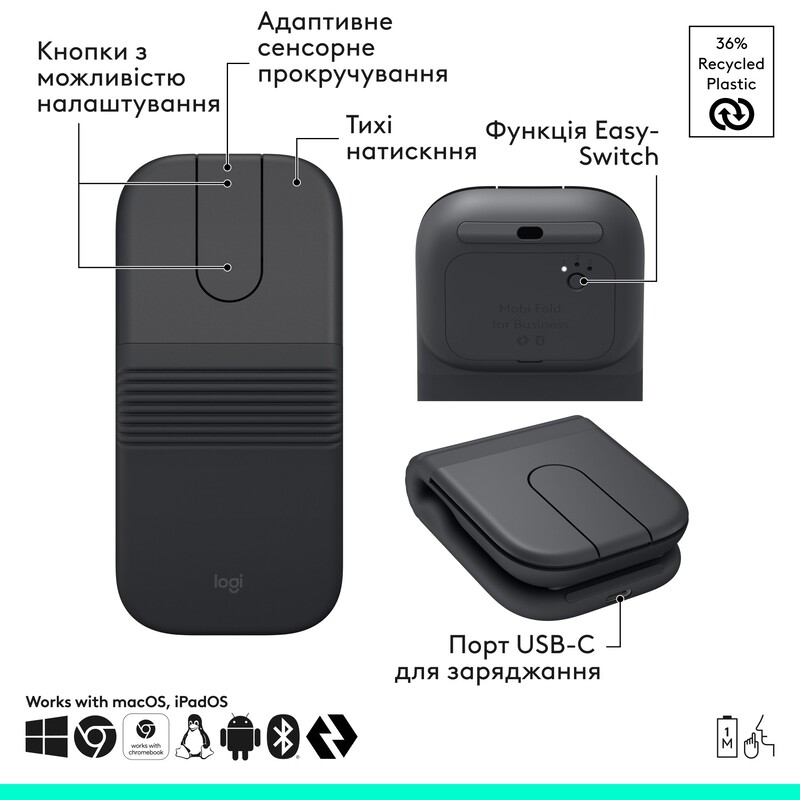 Мышь беспроводная Logitech Mobi Fold for Business Graphite (910-007605)