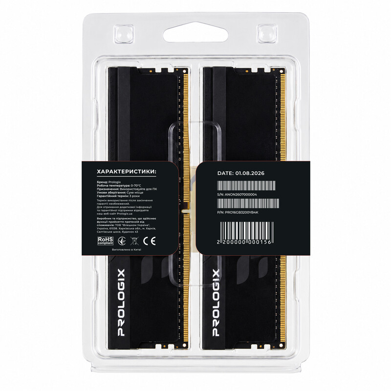 Модуль памяти DDR4 2x8GB/3200 Prologix Onyx Black (PRO16GB3200YB4K)