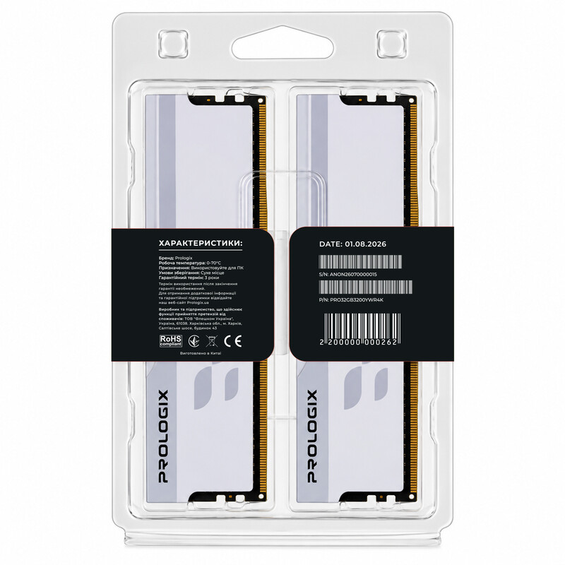 Модуль пам`ятi DDR4 2x16GB/3200 Prologix Onyx White RGB (PRO32GB3200YWR4K)