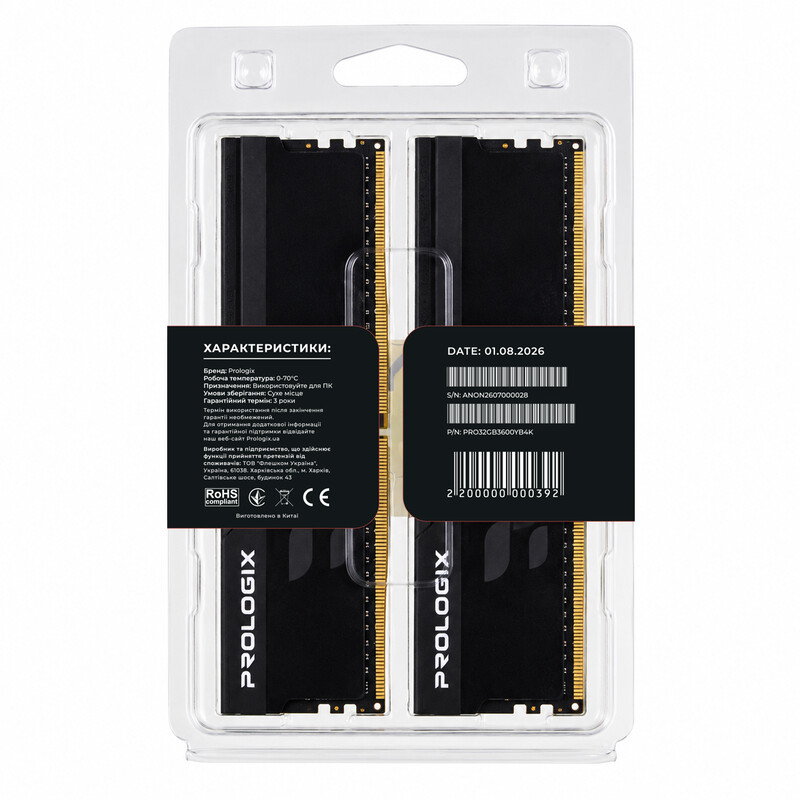 Модуль пам`ятi DDR4 2x16GB/3600 Prologix Onyx Black (PRO32GB3600YB4K)