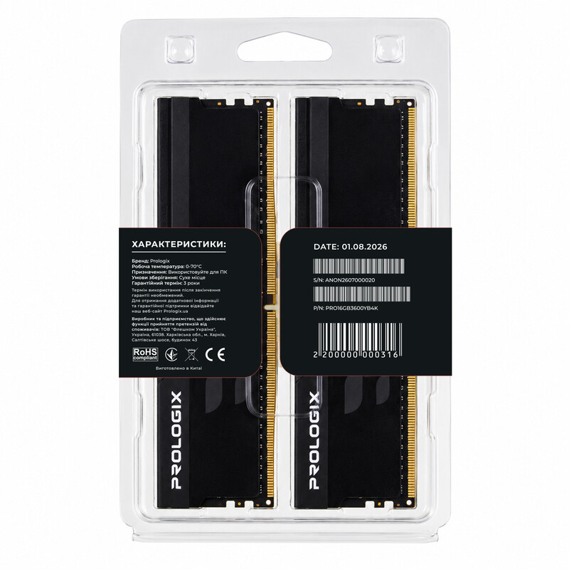 Модуль пам`ятi DDR4 2x8GB/3600 Prologix Onyx Black (PRO16GB3600YB4K)