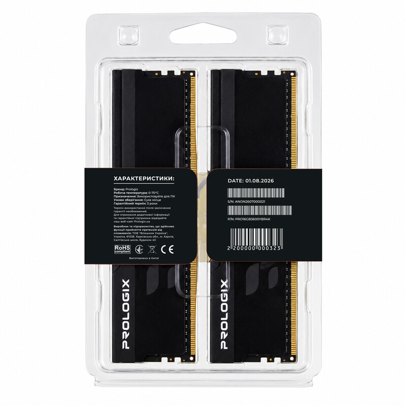 Модуль пам`ятi DDR4 2x8GB/3600 Prologix Onyx Black RGB (PRO16GB3600YBR4K)