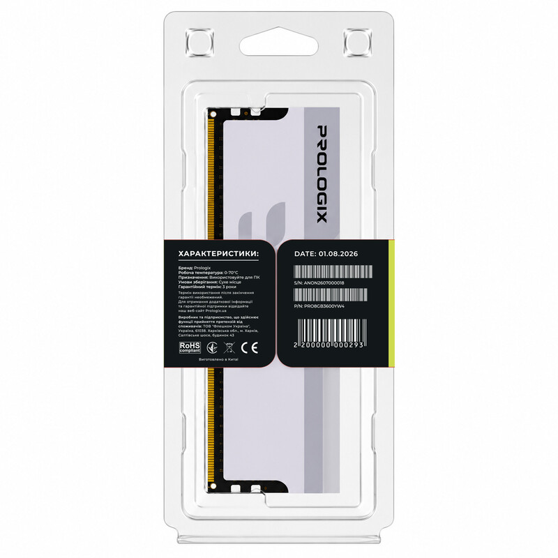 Модуль пам`ятi DDR4 8GB/3600 Prologix Onyx White (PRO8GB3600YW4)